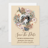 ピンクベージュの素朴な花環の写真 ボーホー ベージュ セーブザデート (正面/裏面)