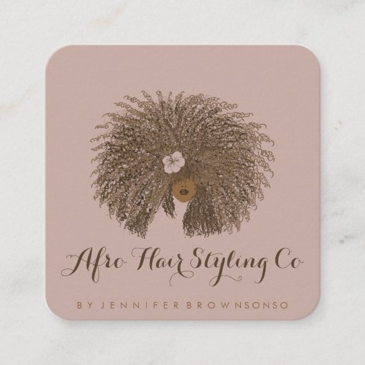 ピンクベージュアフロ美容師 スクエア名刺 (正面)