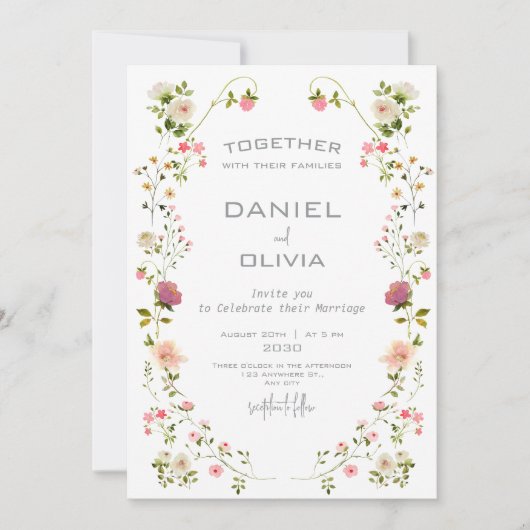 ピンクベージュエステティックフローラウォーター結婚カラー 招待状 (正面)