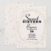 ピンクベージュドットとゴールドの幾何学模様 モダンなSweet 16 招待状 (正面/裏面)