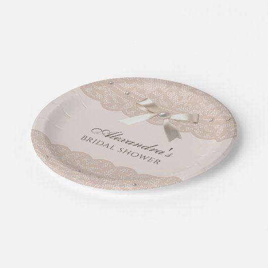 ピンクベージュリージェンシーサテンボウブライダルシャワー ペーパープレート (アングル)