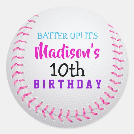 ピンクベースボールバースデーパーティーステッカー ラウンドシール (正面)