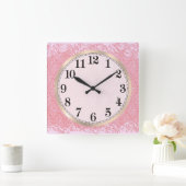 ピンクペイズリーアーガイル柄の スクエア壁時計 (ホーム)