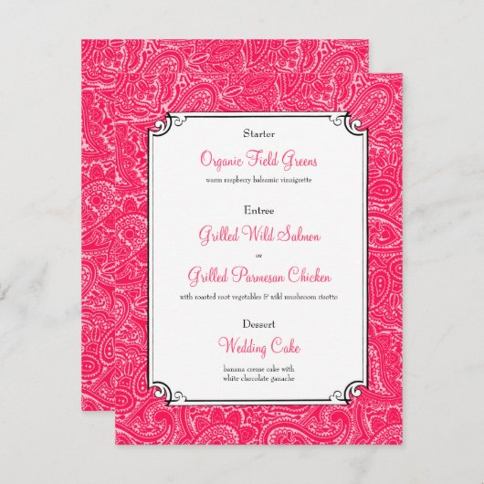 ピンクペイズリーウェディングレセプションディナーメニュー 招待状 (正面/裏面)