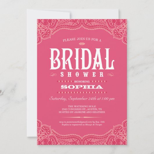 ピンクペイズリー女性のカーボーイブライダルシャワー招待状 招待状 (正面)