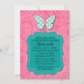 ピンクペイズリー模様のとバタフライベビーシャワー招待状 招待状 (正面)