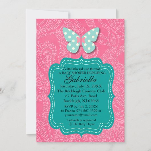 ピンクペイズリー模様のとバタフライベビーシャワー招待状 招待状 (正面)