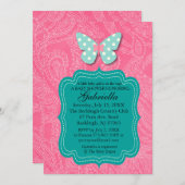ピンクペイズリー模様のとバタフライベビーシャワー招待状 招待状 (正面/裏面)