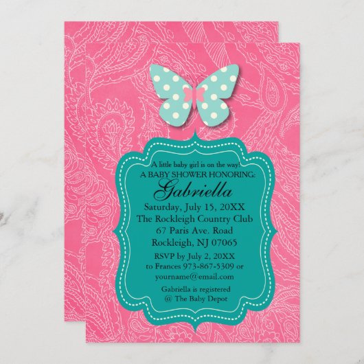ピンクペイズリー模様のとバタフライベビーシャワー招待状 招待状 (正面/裏面)