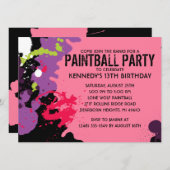 ピンクペイントボール(ばちゃばちゃ)跳ねるペイントボール誕生パーティー 招待状 (正面/裏面)