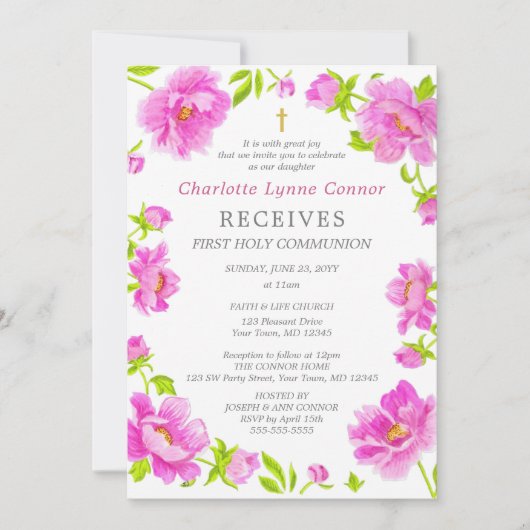 ピンクペオニスファースト聖餐式招待状 招待状 (正面)