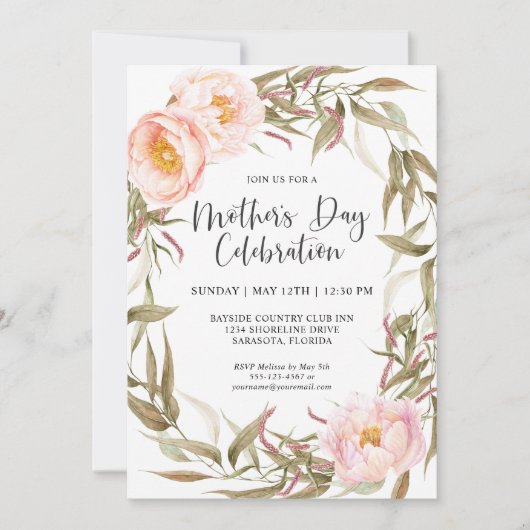ピンクペオニーフローラリースマザーズお祝い 招待状 (正面)