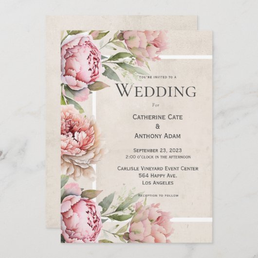 ピンクペオニーフローラ水彩結婚式招待状 招待状 (正面/裏面)