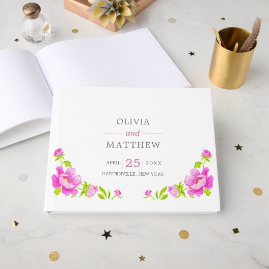 ピンクペオニー結婚ズフローラズゲストブック ゲストブック (正面見開き)