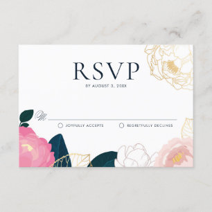 ピンクペオモダンニーゴールドフォイルウェディングRSVP エンクロージャーカード