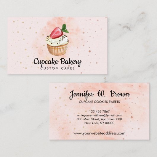 ピンクペストリーの水色ストロベリーカップケーキ 名刺 (正面/裏面)