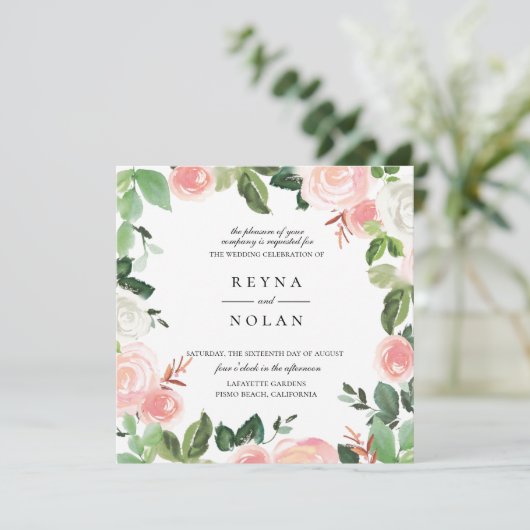 ピンクペタルグリーナリーフレーム結婚式招待状 招待状 (スタンド正面)
