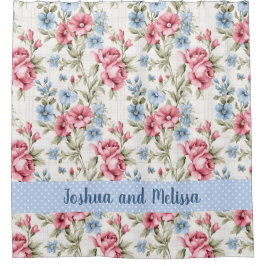 ピンクペチュニアとスカイブルーデイジー-水玉模様 シャワーカーテン