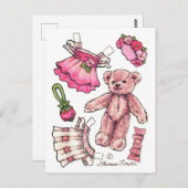 ピンクペチュニアテディベア紙人形かわいいハガキ ポストカード (正面/裏面)