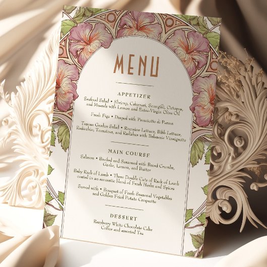 ピンクペチュニア結婚メニューヴィンテージアールヌーボー 招待状