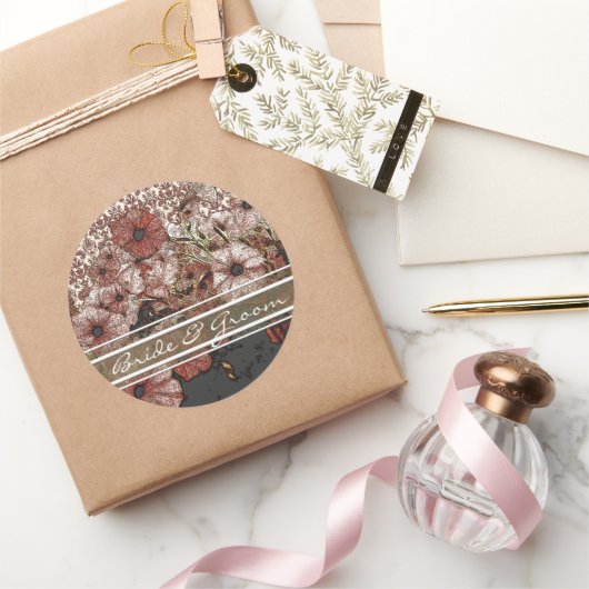 ピンクペチュニアOn Damaskスタンプ ラウンドシール (ギフト)