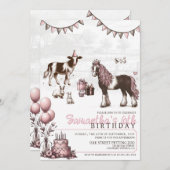 ピンクペッティング動物園の誕生日パーティーへの招待 招待状 (正面/裏面)