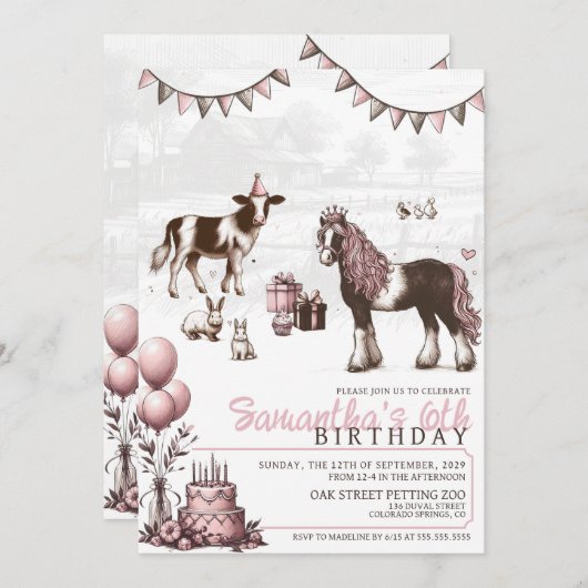 ピンクペッティング動物園の誕生日パーティーへの招待 招待状 (正面/裏面)