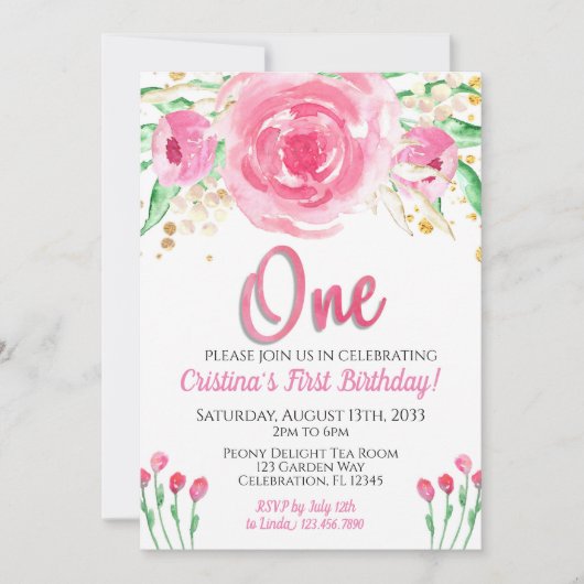 ピンクペニーズエンチャントシックファースト誕生日 招待状 (正面)