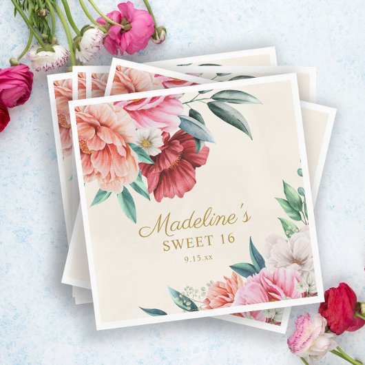 ピンクペニーズブルゴーニュ葉フローラズスウィート16 スタンダードランチョンナプキン