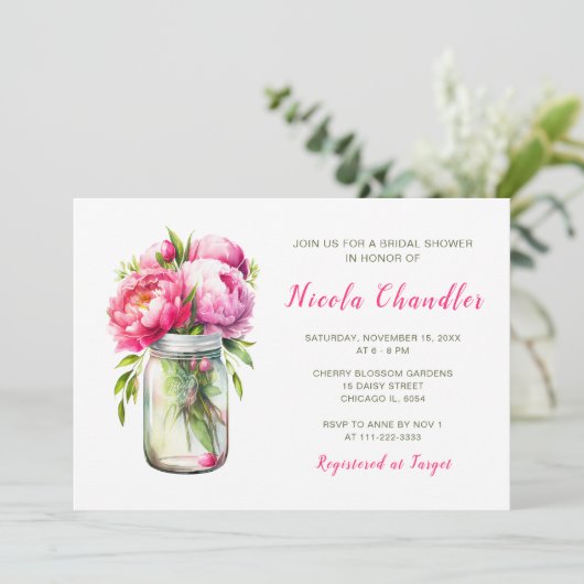 ピンクペニーズメイソンジャーブライダルシャワー 招待状 (スタンド正面)