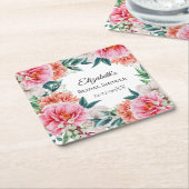 ピンクペニーフローラユーカリブライダルシャワー スクエアペーパーコースター (アングル)