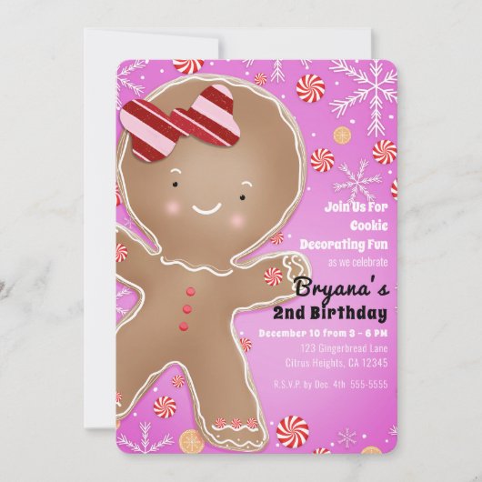 ピンクペパーミントジンジャーブレッドマンホリデー誕生日 招待状 (正面)