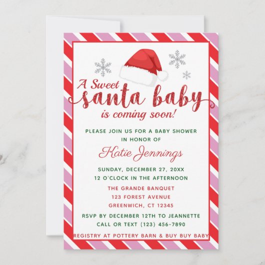 ピンクペパーミントストライプサンタベビーシャワー 招待状 (正面)