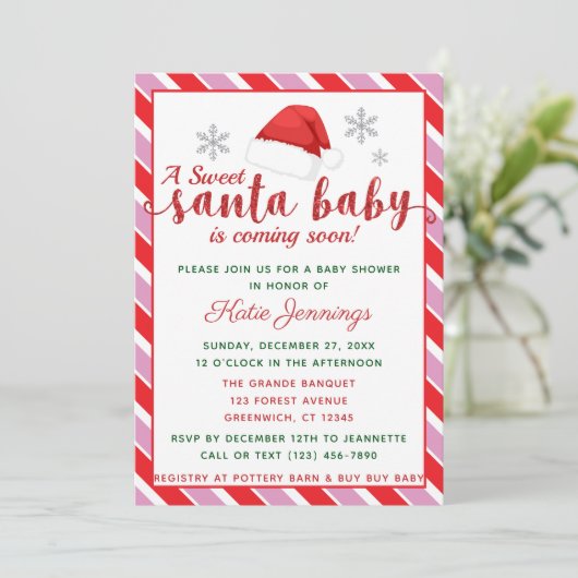 ピンクペパーミントストライプサンタベビーシャワー 招待状 (スタンド正面)