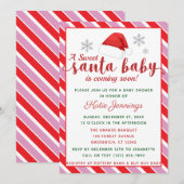 ピンクペパーミントストライプサンタベビーシャワー 招待状 (正面/裏面)