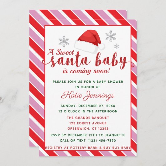 ピンクペパーミントストライプサンタベビーシャワー 招待状 (正面/裏面)