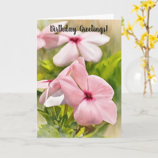 ピンクペリウィンクルフラワーズガーデンアート誕生日カード カード (黄色い花)