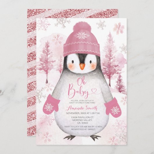 ピンクペンギン編み帽子スノーフレーク赤ちゃんシャワー 招待状 (正面/裏面)
