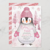 ピンクペンギン編み帽子スノーフレーク赤ちゃんシャワー 招待状 (正面/裏面)
