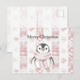 ピンクペンギン雪片クリスマス ポストカード