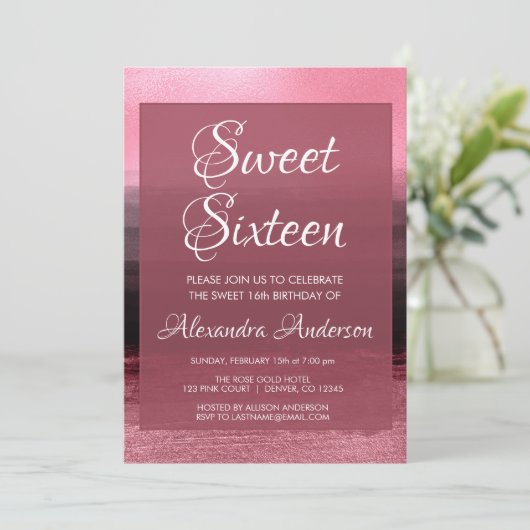 ピンクホイルガーリー絵を描ストローク甘い16誕生日 招待状 (スタンド正面)