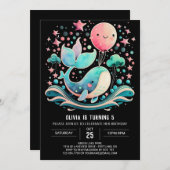 ピンクホエールガール航海の誕生日 招待状 (正面/裏面)