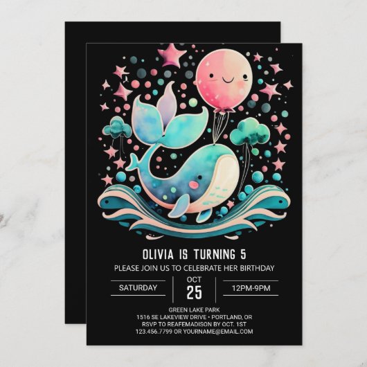 ピンクホエールガール航海の誕生日 招待状 (正面/裏面)