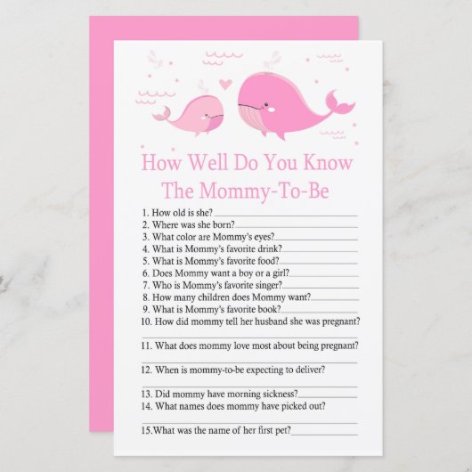 ピンクホエールベビーシャワーゲームをどれだけ知っているか (正面/裏面)