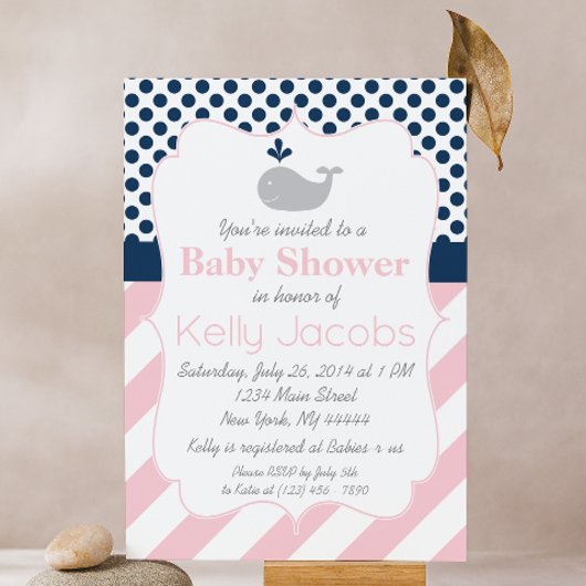 ピンクホエールベビーシャワー招待状 招待状