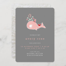 ピンクホエールモノグラム赤ちゃん女の子の誕生のお知らせ