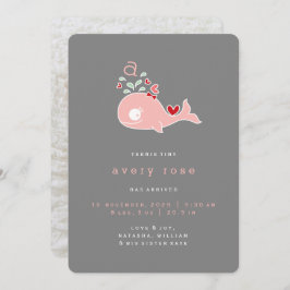 ピンクホエールモノグラム赤ちゃん女の子の誕生のお知らせ 案内状