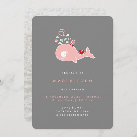ピンクホエールモノグラム赤ちゃん女の子の誕生のお知らせ 案内状 (正面/裏面)