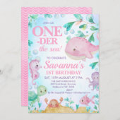 ピンクホエールワンダーザシークリーチャー1st誕生日 招待状 (正面/裏面)