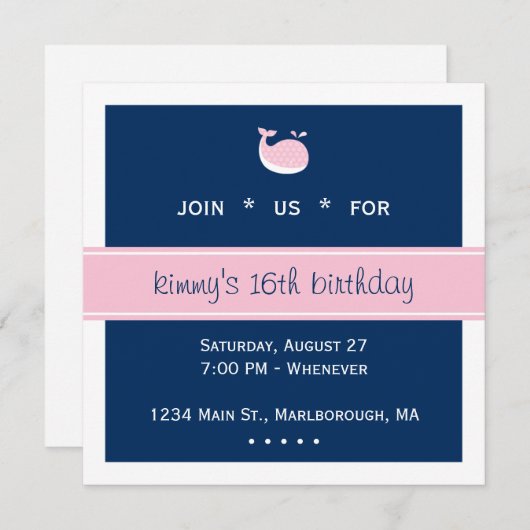 ピンクホエ名門私立校風のール誕生日 招待状 (正面/裏面)